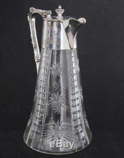 BEAUTIFUL TOP QUALITY ANTIQUE SILVER PLATED & CUT GLASS CLARET WINE JUG decanter