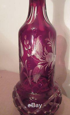 BIG antique etched cut to clear cranberry Czech Bohemian crystal glass decanter