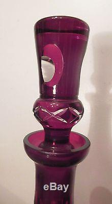 BIG antique etched cut to clear cranberry Czech Bohemian crystal glass decanter