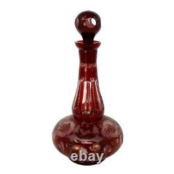 BOHEMIAN CZECH GLASS RUBY RED CUT TO CLEAR DECANTER BOTTLE With STOPPER