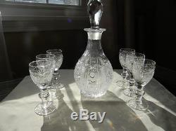 BOHEMIAN CZECH HAND CUT QUEEN CRYSTAL DECANTER & LIQUOR GLASSES Beautiful A+