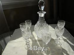 BOHEMIAN CZECH HAND CUT QUEEN CRYSTAL DECANTER & LIQUOR GLASSES Beautiful A+