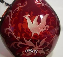 BOHEMIAN Moser Art Glass Ruby Cut SPA Engraved HORSE FALCONER Pitcher Decanter