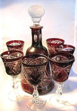 BOHEMIAN RUBY CUT TO CLEAR DECANTER SET w 6 GLASSES c. 1900! STUNNING