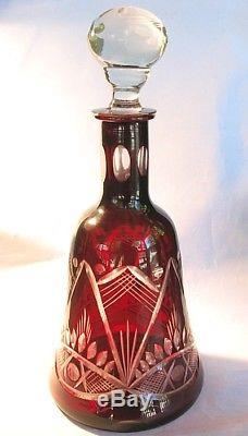 BOHEMIAN RUBY CUT TO CLEAR DECANTER SET w 6 GLASSES c. 1900! STUNNING