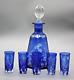 Bohemian Cobalt Blue Cut To Clear Crystal Liquor Glasses & Decanter Circa 1960s