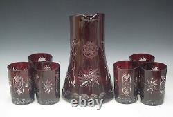BOHEMIA RUBY RED CUT TO CLEAR CRYSTAL 7 Pc SET PITCHER AND 6 TUMBLER SET VINTAGE