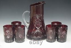 BOHEMIA RUBY RED CUT TO CLEAR CRYSTAL 7 Pc SET PITCHER AND 6 TUMBLER SET VINTAGE