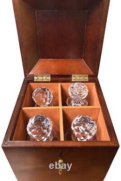 BOMBAY COMPANY Mahogany Decanter Box with4 Cut-Glass Crystal Decanters & Stoppers