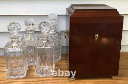 BOMBAY COMPANY Mahogany Decanter Box with4 Cut-Glass Crystal Decanters & Stoppers