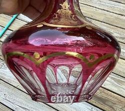 Baccarat Cut Glass Cranberry to Clear Water Carafe with Lapidary Cut Neck Ring