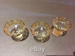 Beautiful 4-pc Vintage Bohemian Amber Cut Crystal Decanter and 3 glasses