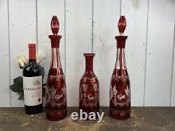 Beautiful Bohemian Glass Ruby Cut to Clear Decanter Stag deer Scene Set Of 3