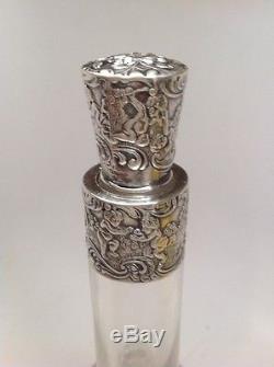 Beautiful Cut Etched Glass Sterling Silver Overlay Rococo Style Decanter Cherub