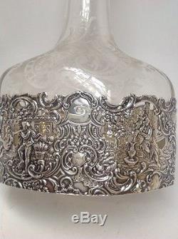 Beautiful Cut Etched Glass Sterling Silver Overlay Rococo Style Decanter Cherub