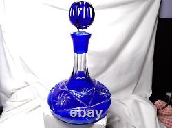 Beautiful MCM Vintage Bohemian Cobalt Cut-to-Clear Glass Ships Decanter