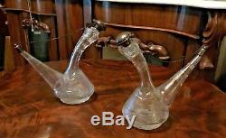 Beautiful Pair Of Vintage Antique Cut & Etched Glass Porron Wine Decanters
