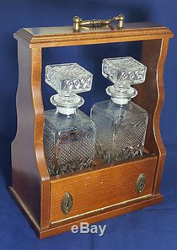 Beautiful Pair of Square Decanters on Vintage Wooden Tantalus