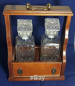 Beautiful Pair of Square Decanters on Vintage Wooden Tantalus