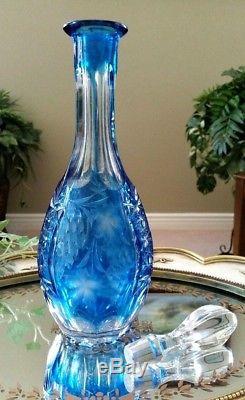 Beautiful Vintage 12 Tall Light Blue Cut to Clear Crystal Decanter & Stopper