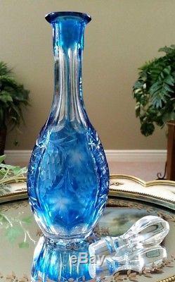Beautiful Vintage 12 Tall Light Blue Cut to Clear Crystal Decanter & Stopper
