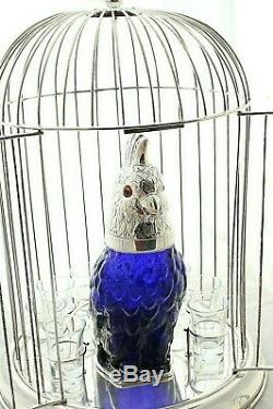 Blue Glass Bird Decanter Claret Jug in a Silver plated Cage 8 Liqueur Glasses