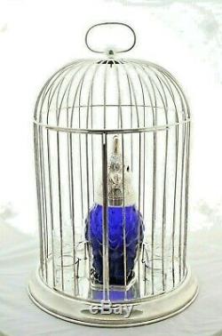 Blue Glass Bird Decanter Claret Jug in a Silver plated Cage 8 Liqueur Glasses