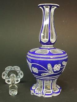 Blue, White Cut to Clear Glass Bohemian Decanter 12 3/4 Tall