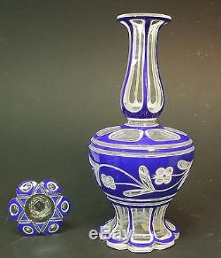 Blue, White Cut to Clear Glass Bohemian Decanter 12 3/4 Tall