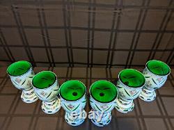 Bohemia Cased Glass Goblets Set Of 6 White Flowered Overlay Cut To Green 6 1/2