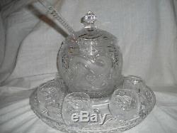 Bohemia lead cut crystal barrel punch bowl, lid, ladle, tray set x 6 cups boxed