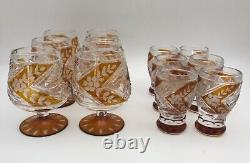 Bohemian Amber Cut To Clear Liquor 6 Tulip Brandy & 6 Shot Cordial Glasses