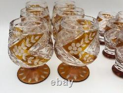 Bohemian Amber Cut To Clear Liquor 6 Tulip Brandy & 6 Shot Cordial Glasses