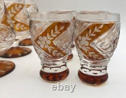 Bohemian Amber Cut To Clear Liquor 6 Tulip Brandy & 6 Shot Cordial Glasses