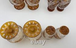 Bohemian Amber Cut To Clear Liquor 6 Tulip Brandy & 6 Shot Cordial Glasses