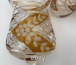 Bohemian Amber Cut To Clear Liquor 6 Tulip Brandy & 6 Shot Cordial Glasses