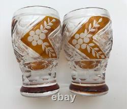 Bohemian Amber Cut To Clear Liquor 6 Tulip Brandy & 6 Shot Cordial Glasses