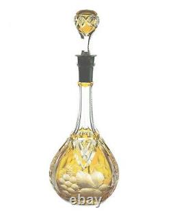 Bohemian Amber Gold Cut to Clear Glass Crystal Wine Decanter Silver Collar