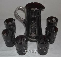 Bohemian Blood Red Cut To Clear Pitcher And 6 Glass Set