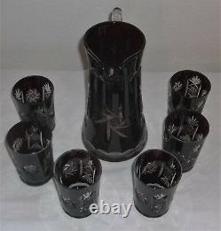 Bohemian Blood Red Cut To Clear Pitcher And 6 Glass Set