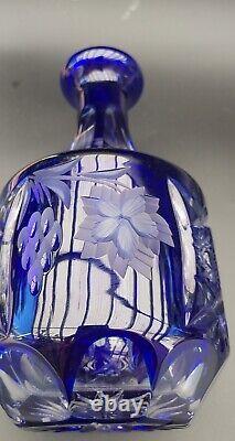 Bohemian Blue Cobalt Cut to Clear Glass Decanter Floral Cut Decorated, Paneled