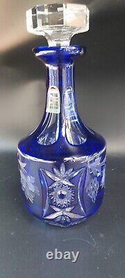 Bohemian Blue Cobalt Cut to Clear Glass Decanter Floral Cut Decorated, Paneled