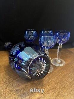 Bohemian Blue Cut to Clear Decanter with4 Cordials German