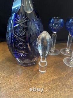 Bohemian Blue Cut to Clear Decanter with4 Cordials German