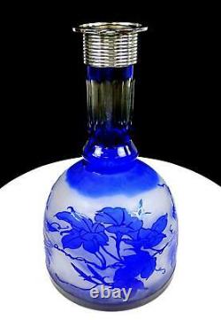 Bohemian Cameo Art Glass Cobalt Cut To Clear Floral Silver Collar 10 Decanter