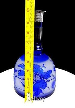 Bohemian Cameo Art Glass Cobalt Cut To Clear Floral Silver Collar 10 Decanter