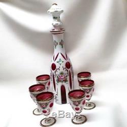 Bohemian Cased Glass White Cut to Cranberry Decanter 6 Footed Cordials Czech