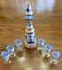 Bohemian Cased White Decanter Set White Cut To Lt. Blue Floral Czech Orig. Tags
