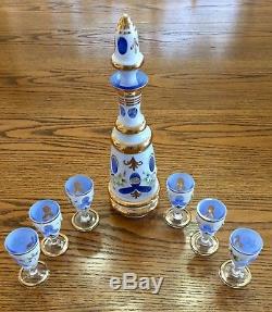 Bohemian Cased White Decanter Set White Cut to Lt. Blue Floral Czech Orig. Tags