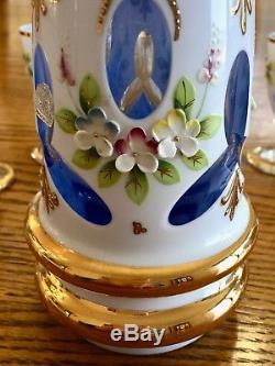 Bohemian Cased White Decanter Set White Cut to Lt. Blue Floral Czech Orig. Tags